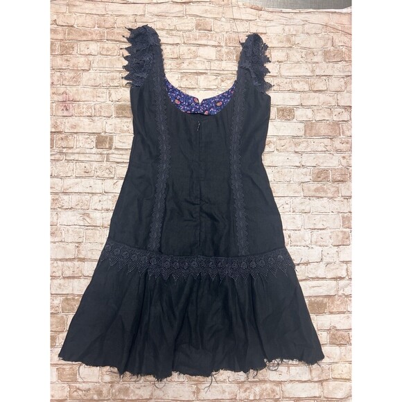 TRACEY FEITH Dress L black Cap Sleeve Lace Goth Witchy Linen Raw Hem - Picture 3 of 8